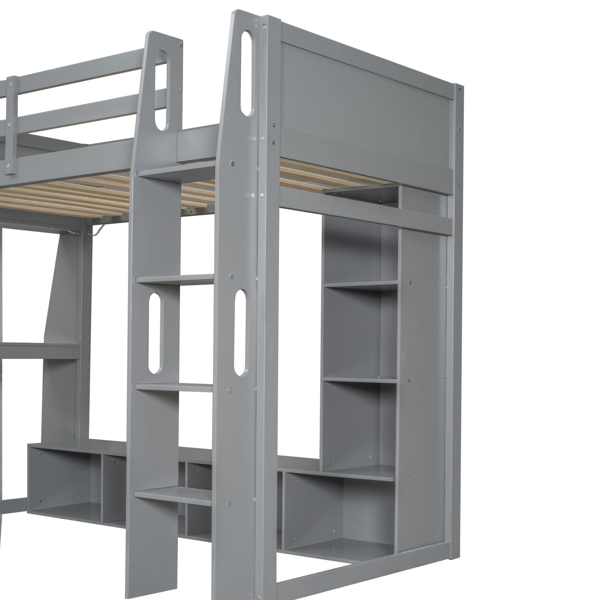 Gaming loft bed by HouseOfZazla gray metal with desk and storage shelves and ladder on Tampa Home & Garden Store