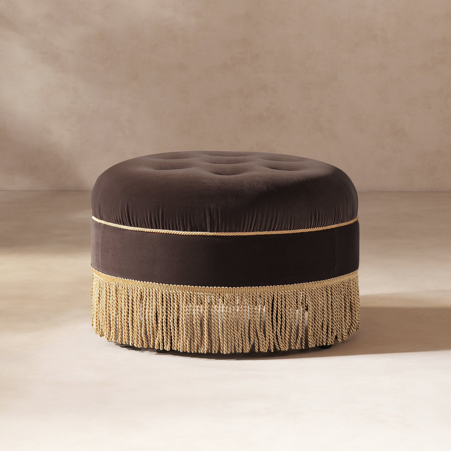 Yolanda 24in round upholstered velvet ottoman with fringe deep brown by HouseOfZazla on Tampa Home & Garden Store