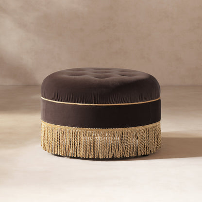 Yolanda 24in round upholstered velvet ottoman with fringe deep brown by HouseOfZazla on Tampa Home & Garden Store