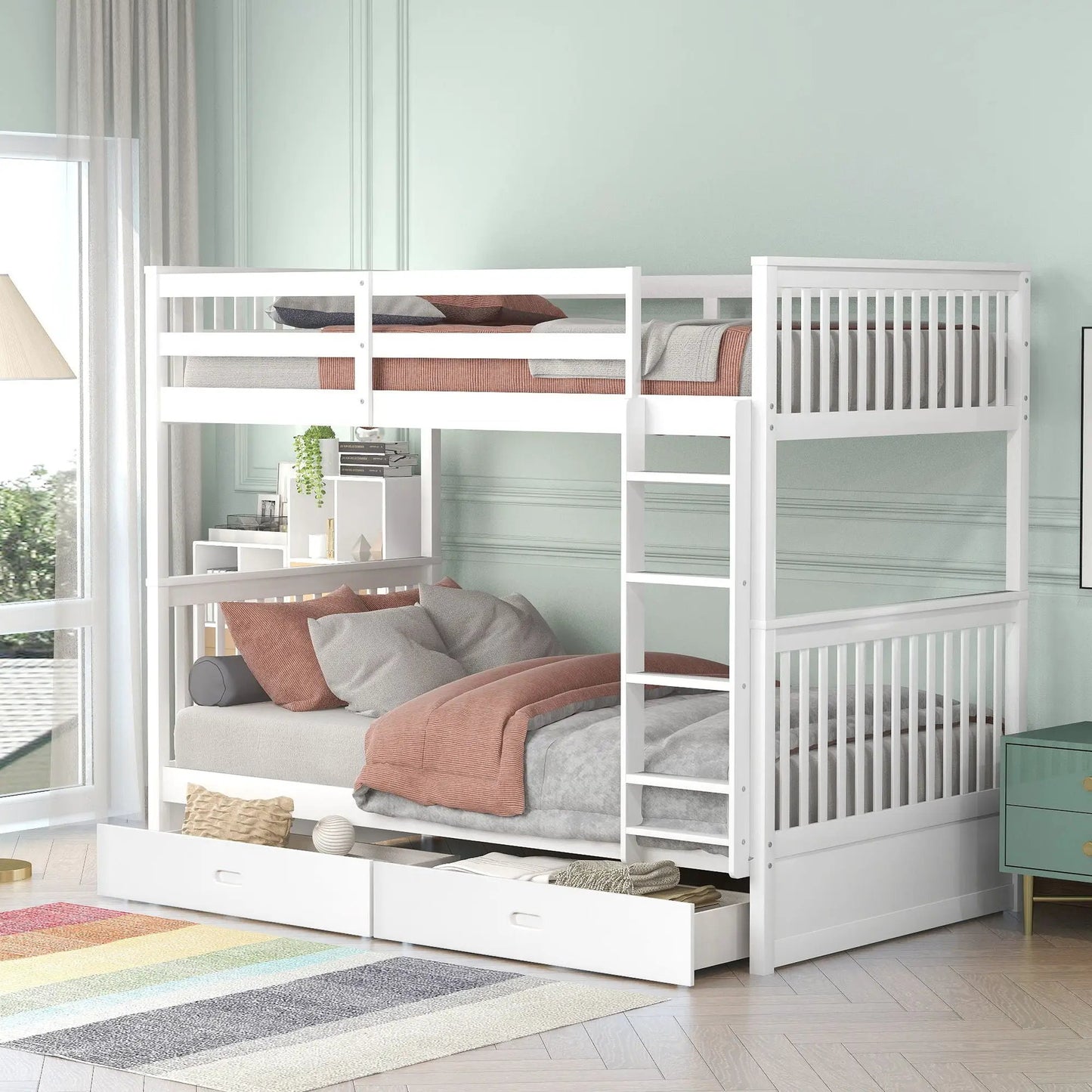 Bunk bed with ladders and 2 storage drawers in white wood, Unique Piece Furniture on Tampa Home & Garden Store