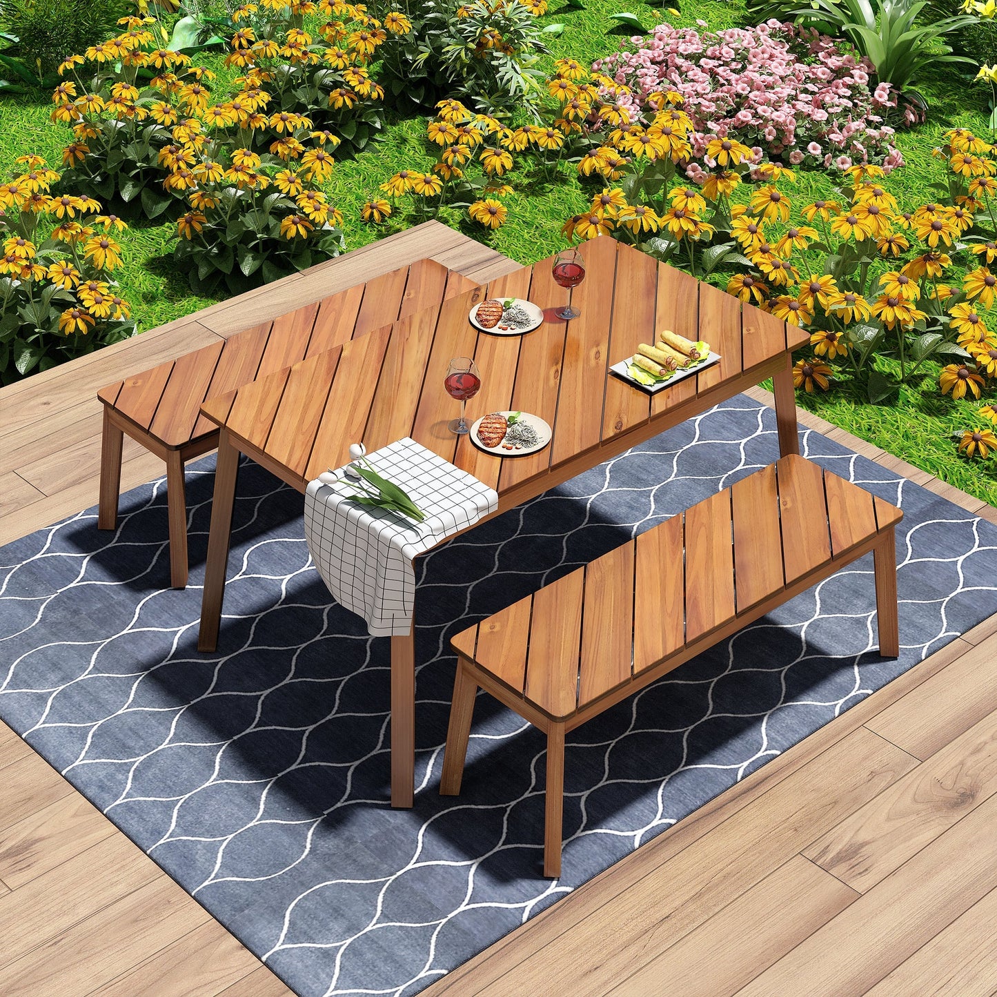 Go 3-Piece Acacia Wood Table Bench Dining Set outdoor with table and two benches on Tampa Home & Garden Store