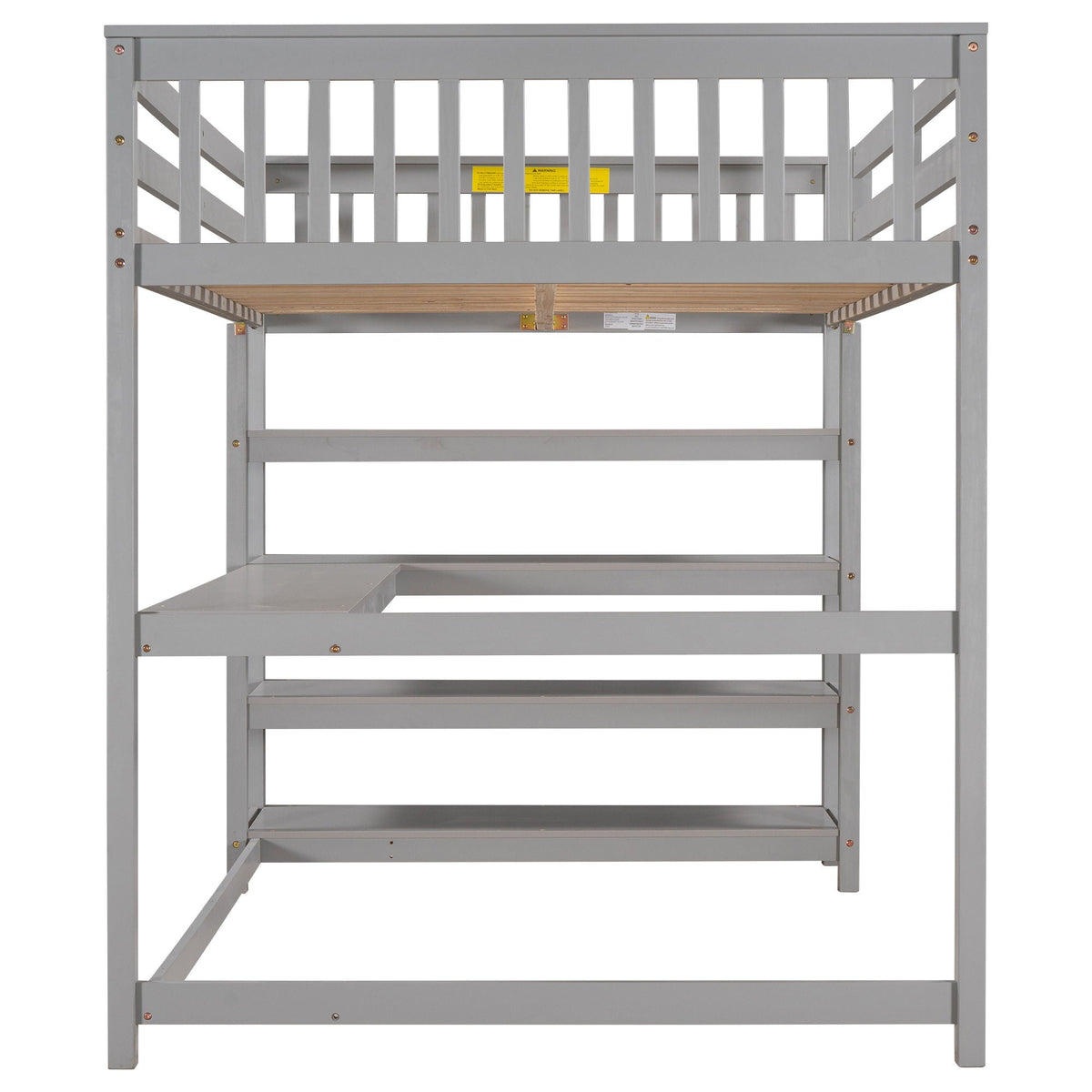 Loft bed with storage shelves and under-bed desk, gray metal frame with slatted bed surface on Tampa Home & Garden Store