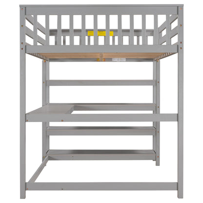Loft bed with storage shelves and under-bed desk, gray metal frame with slatted bed surface on Tampa Home & Garden Store