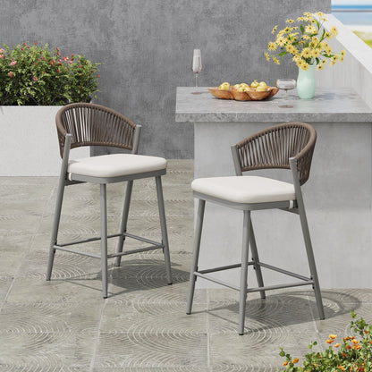 Outdoor 26in counter height metal stool with scallop back and water resistant cushions pair on Tampa Home & Garden Store