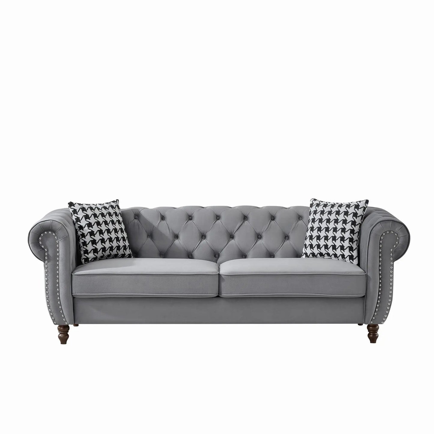 Chesterfield upholstery sofa with roll arms, gray fabric, nailhead trim, houndstooth cushions on Tampa Home & Garden Store