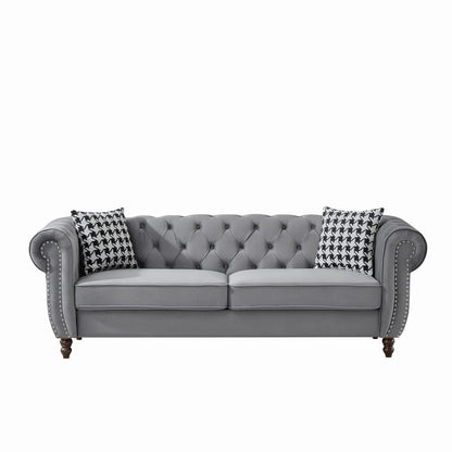 Chesterfield upholstery sofa with roll arms, gray fabric, nailhead trim, houndstooth cushions on Tampa Home & Garden Store