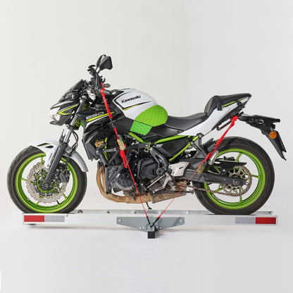 Motorcycle hitch mount loading ramp in silver finish supports Kawasaki sportbike on a trailer on Tampa Home & Garden Store