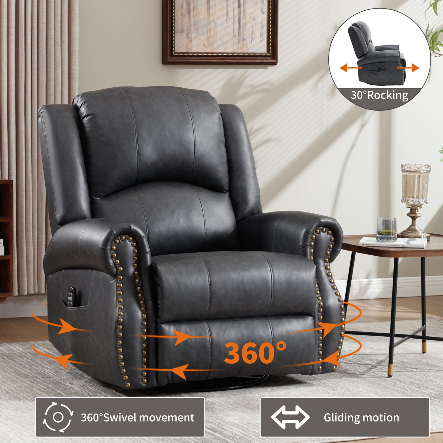 Heat Massage Manual Recliner Chair with Rocker and Swivel in black leather with 360° swivel on Tampa Home & Garden Store