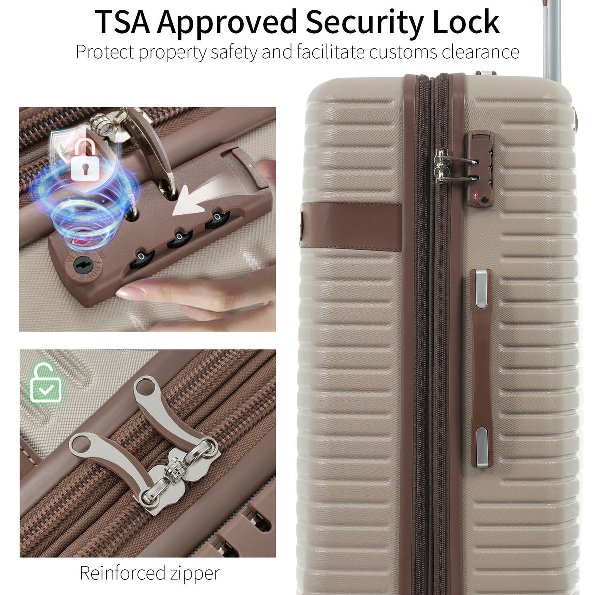 HouseOfZazla 4 piece hard-shell luggage set beige with brown trim and TSA lock on Tampa Home & Garden Store
