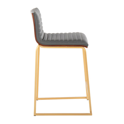 Mason Mara counter stool set of 2 by HouseOfZazla, gray tufted upholstery, gold legs on Tampa Home & Garden Store