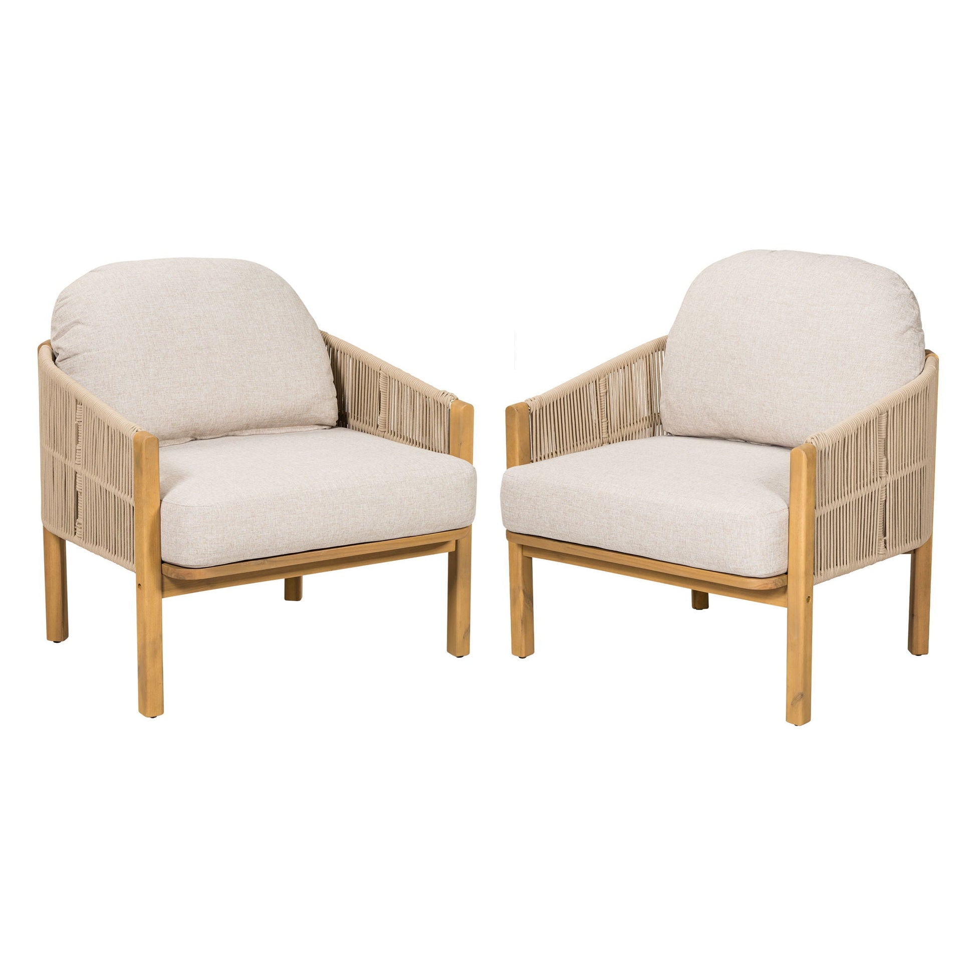 Grotta Outdoor Wood Club Chair Set of 2 with beige cushions and rope sides, wood frame on Tampa Home & Garden Store