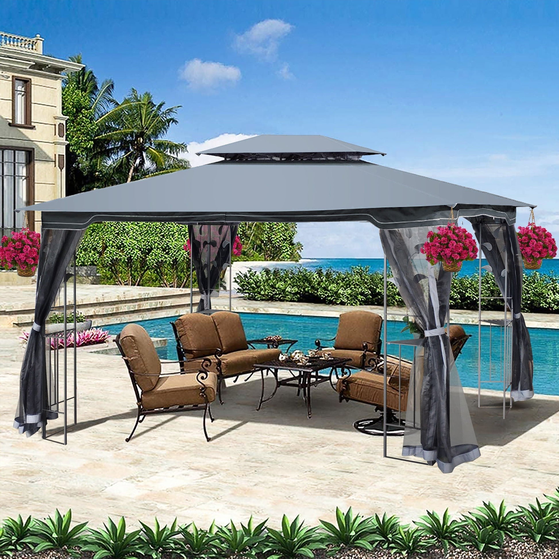 Patio gazebo tent by HouseOfZazla with ventilated double roof and mosquito net gray canopy on Tampa Home & Garden Store