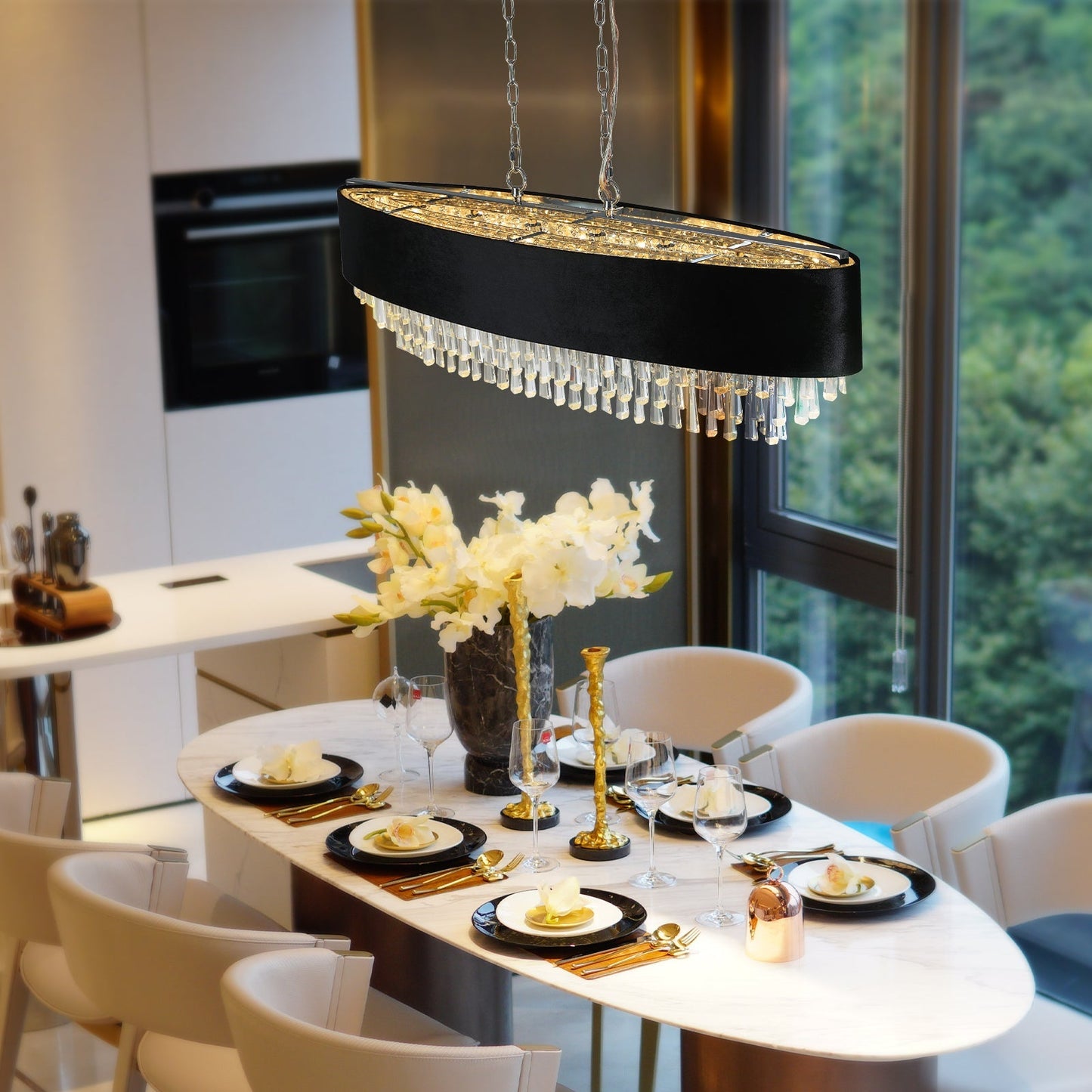 39' modern crystal chandelier with black velvet shade; fringe over marble table by HouseOfZazla on Tampa Home & Garden Store