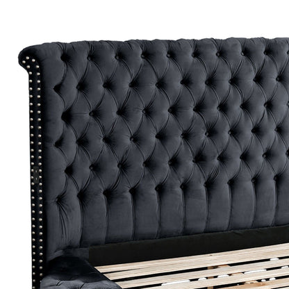 Hazel storage bed headboard in dark blue velvet with tufting and nailhead trim slatted base on Tampa Home & Garden Store