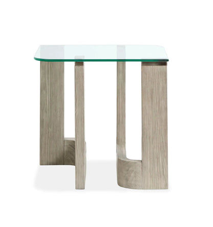 Bartlett rectangular glass end table with natural wood legs and metal accent brackets on Tampa Home & Garden Store