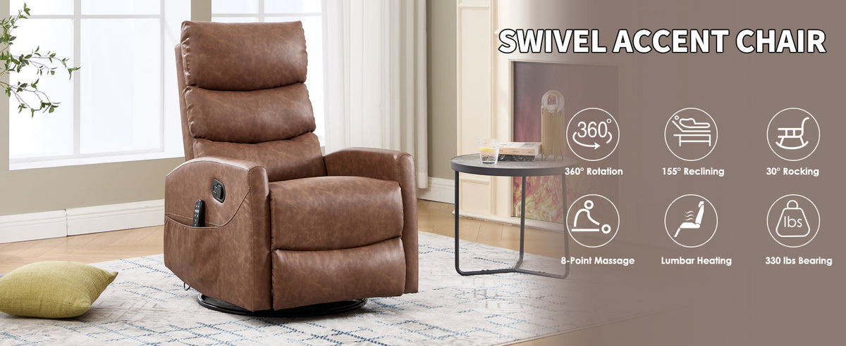 Heat Massage Manual Recliner Chair with Rocker and Swivel in brown leather by HouseOfZazla on Tampa Home & Garden Store