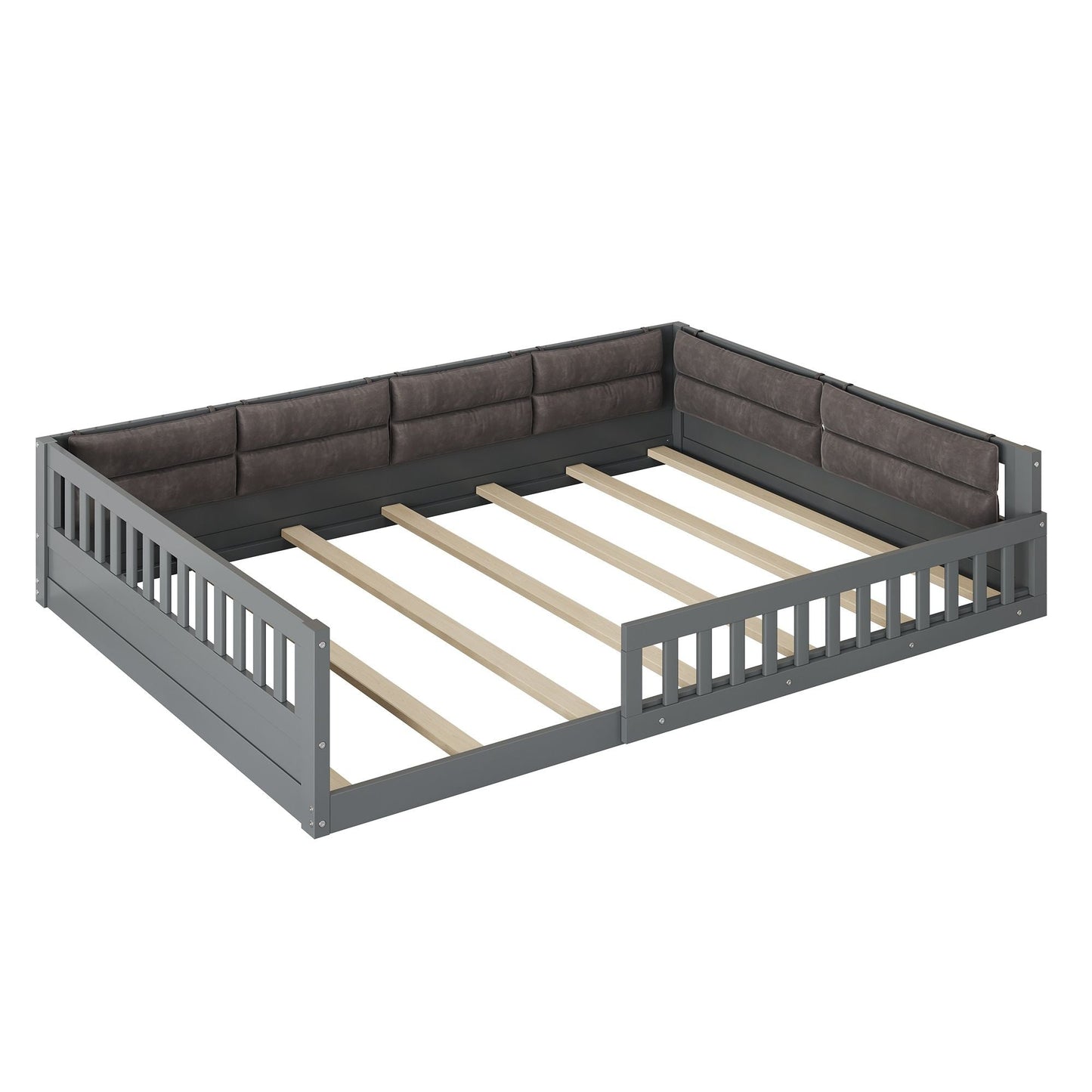 Upholstered platform bed with guardrails and pillows, gray frame, brown cushions, slatted base on Tampa Home & Garden Store