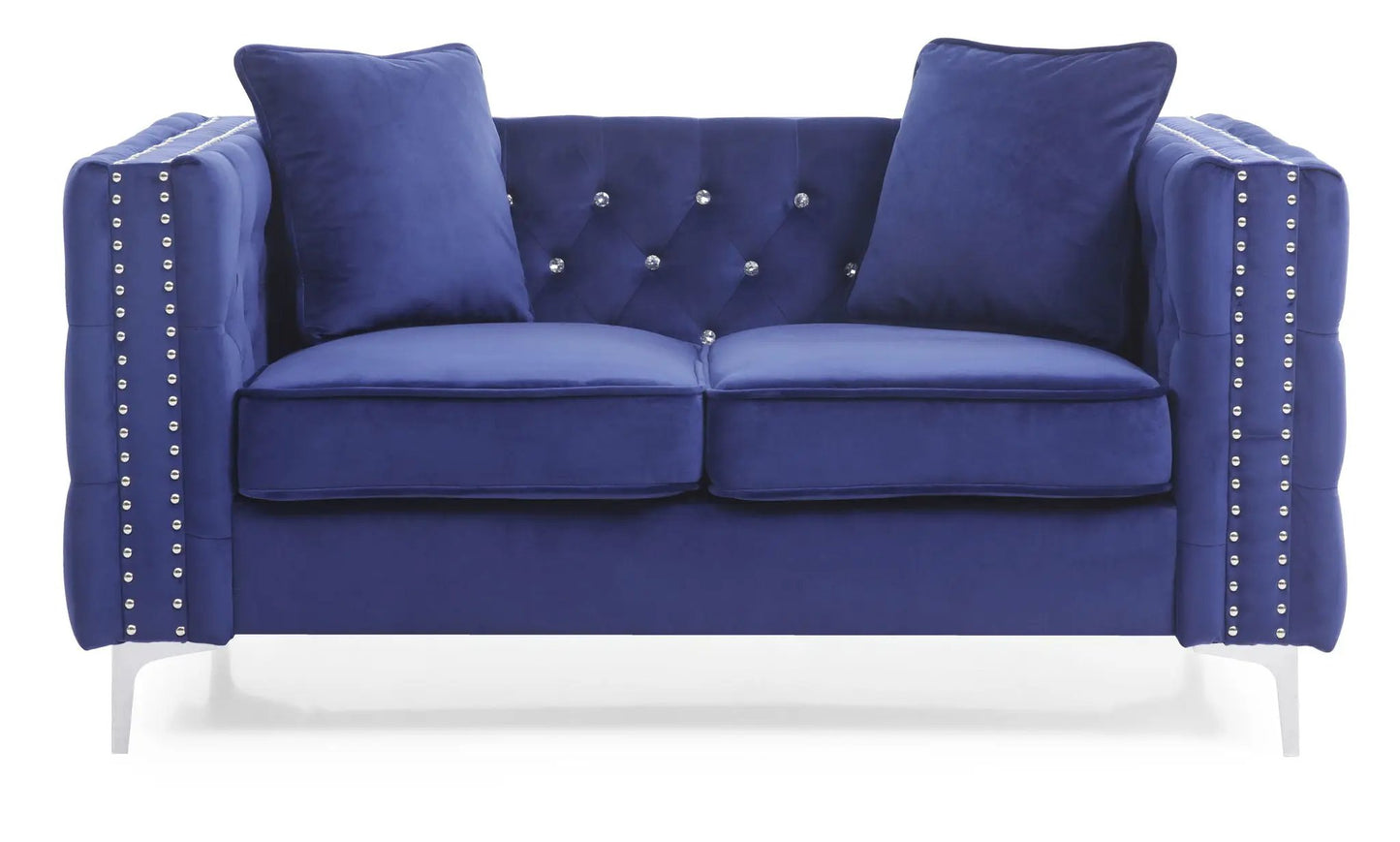 Elegant track-arm loveseat blue velvet Unique Piece Furniture with crystal buttons on Tampa Home & Garden Store