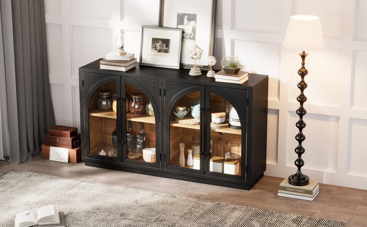 4-Door Large Storage Sideboard Buffet Cabinet with Glass Arched Doors in Black HouseOfZazla on Tampa Home & Garden Store