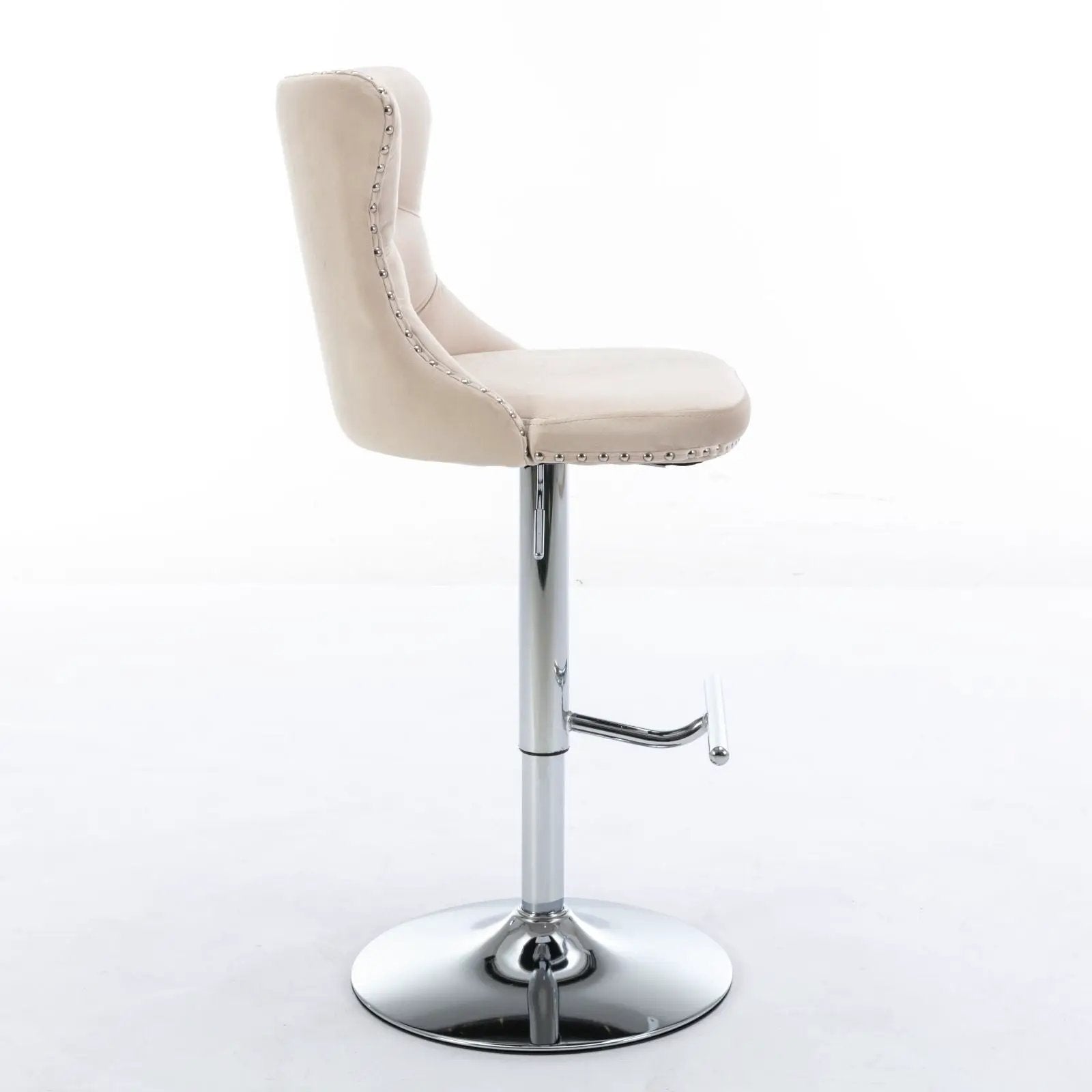 Beige tufted swivel bar stool with nailhead trim and chrome pedestal base, adjustable height on Tampa Home & Garden Store