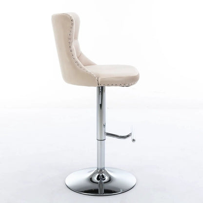 Beige tufted swivel bar stool with nailhead trim and chrome pedestal base, adjustable height on Tampa Home & Garden Store