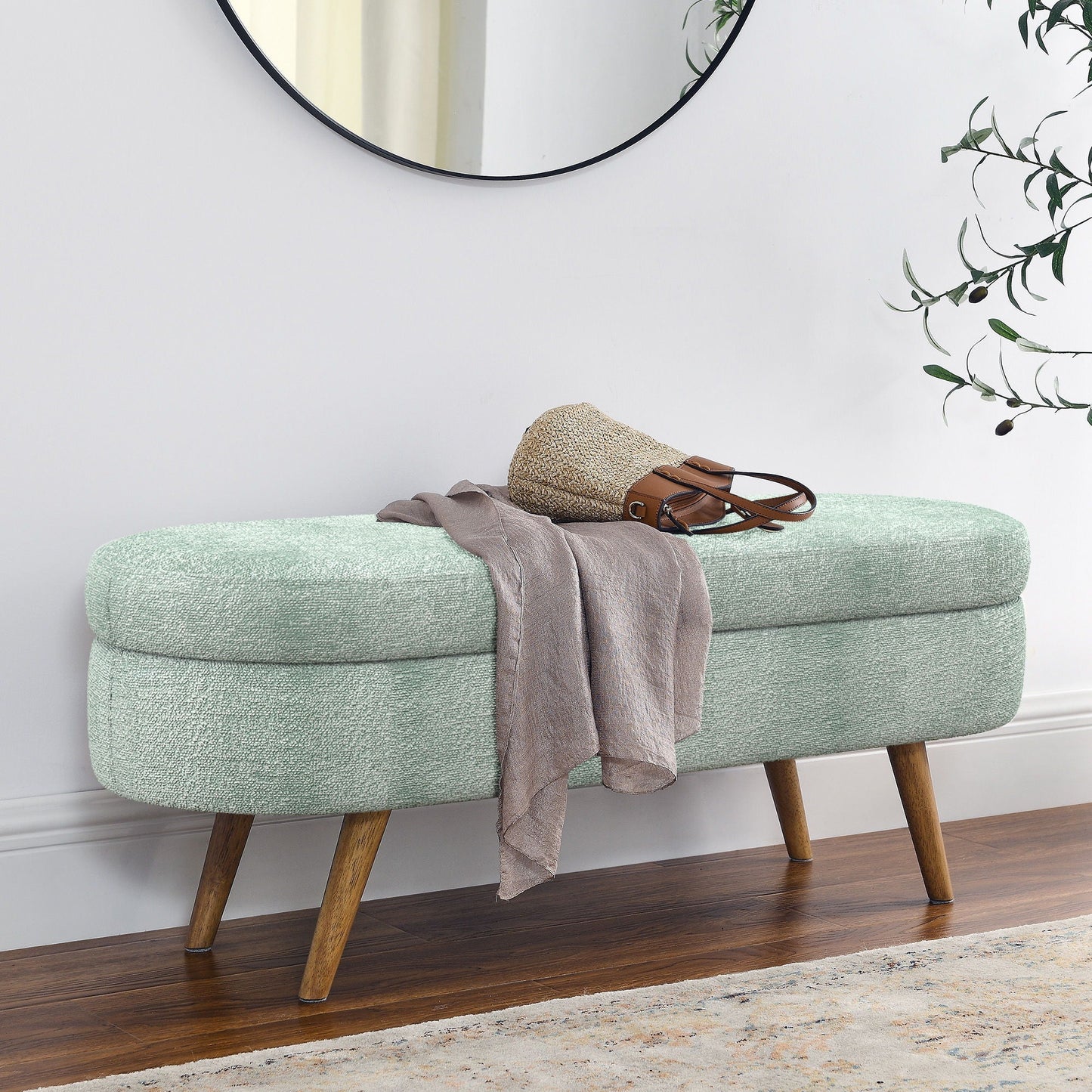 Modern Ottoman Oval Storage Bench with Rubber Wood Legs in mint textured fabric by HouseOfZazla on Tampa Home & Garden Store