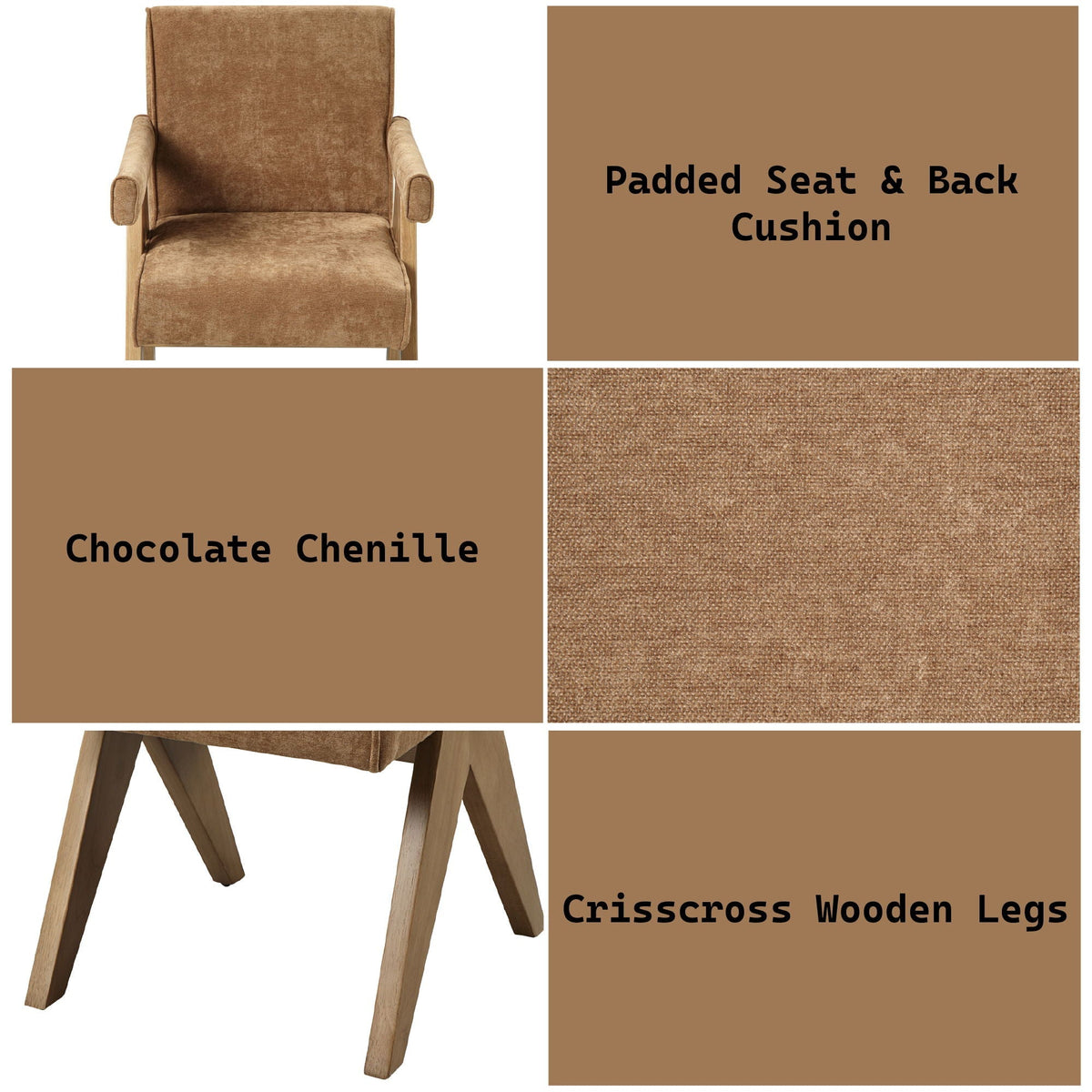 Zoey Arm Chair Set in chocolate chenille with padded seat and back cushion, crisscross legs on Tampa Home & Garden Store