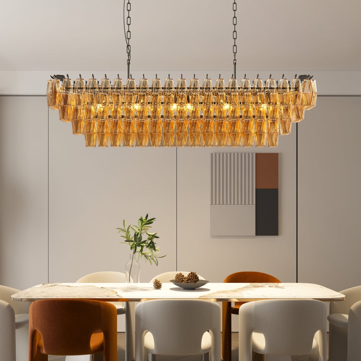 54-Inch black rectangular 12-light smoke glass chandelier with amber prisms by HouseOfZazla on Tampa Home & Garden Store