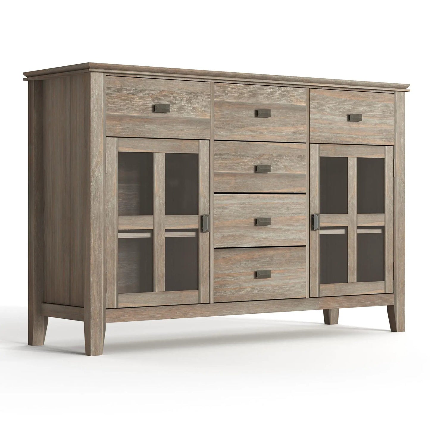Artisan handcrafted sideboard in weathered gray wood with glass doors and metal handles on Tampa Home & Garden Store