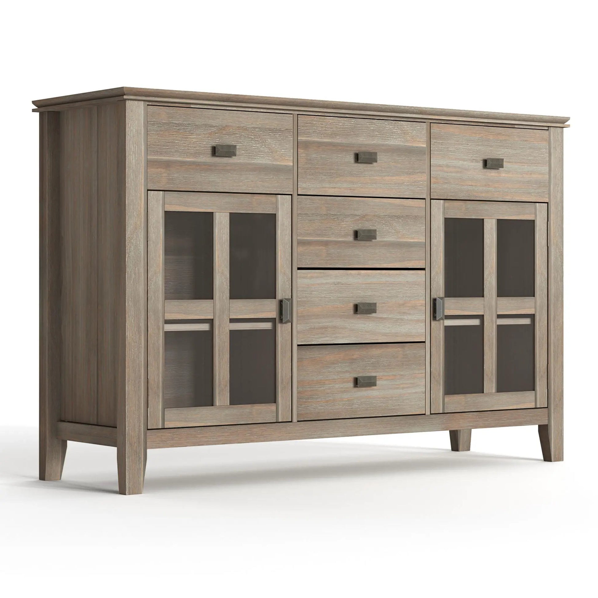 Artisan handcrafted sideboard in weathered gray wood with glass doors and metal handles on Tampa Home & Garden Store