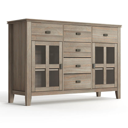Artisan handcrafted sideboard in weathered gray wood with glass doors and metal handles on Tampa Home & Garden Store