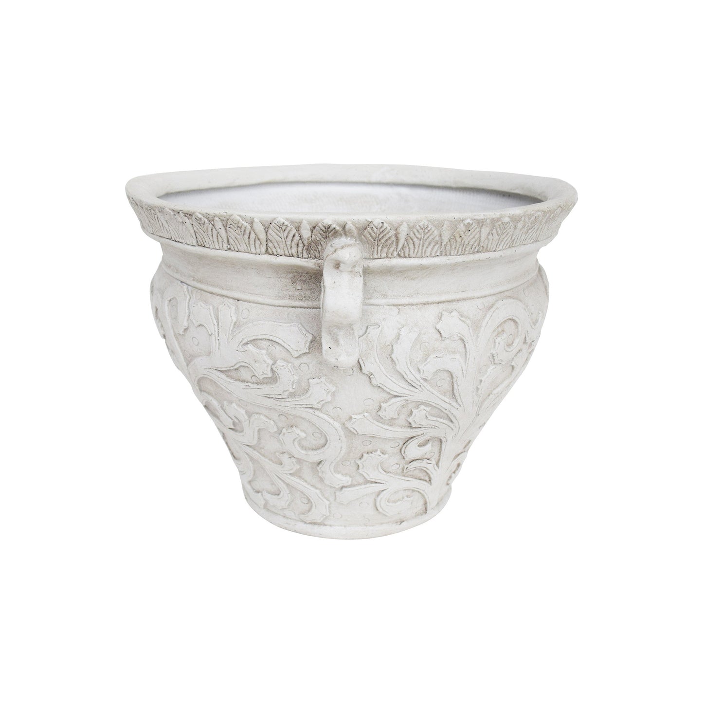 Largo planter by HouseOfZazla in light stone finish with leaf relief and decorative handles on Tampa Home & Garden Store