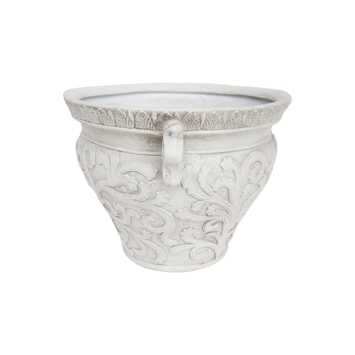 Largo planter by HouseOfZazla in light stone finish with leaf relief and decorative handles on Tampa Home & Garden Store