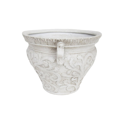 Largo planter by HouseOfZazla in light stone finish with leaf relief and decorative handles on Tampa Home & Garden Store