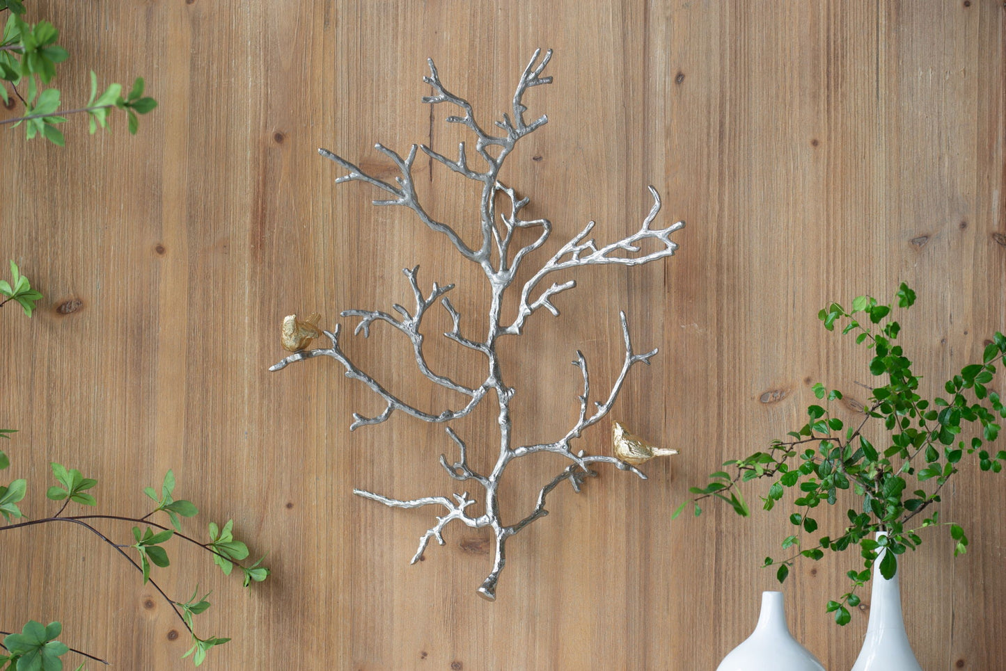 Metal branch wall sculptures set of 2 in silver with bird accents wall decor on Tampa Home & Garden Store