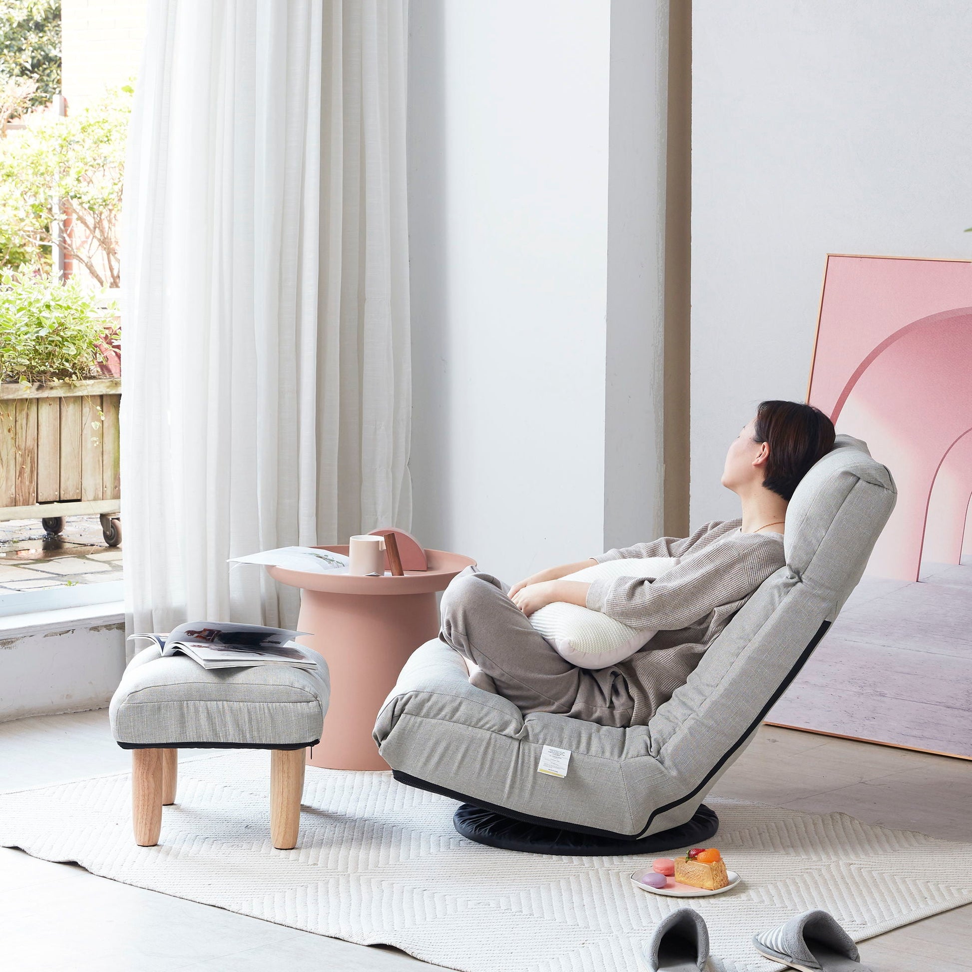 Adjustable Japanese reclining floor chair & ottoman in light gray fabric with metal frame on Tampa Home & Garden Store