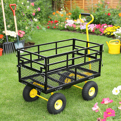 Garden wagon cart by HouseOfZazla with black metal frame, yellow wheels and yellow handle on Tampa Home & Garden Store