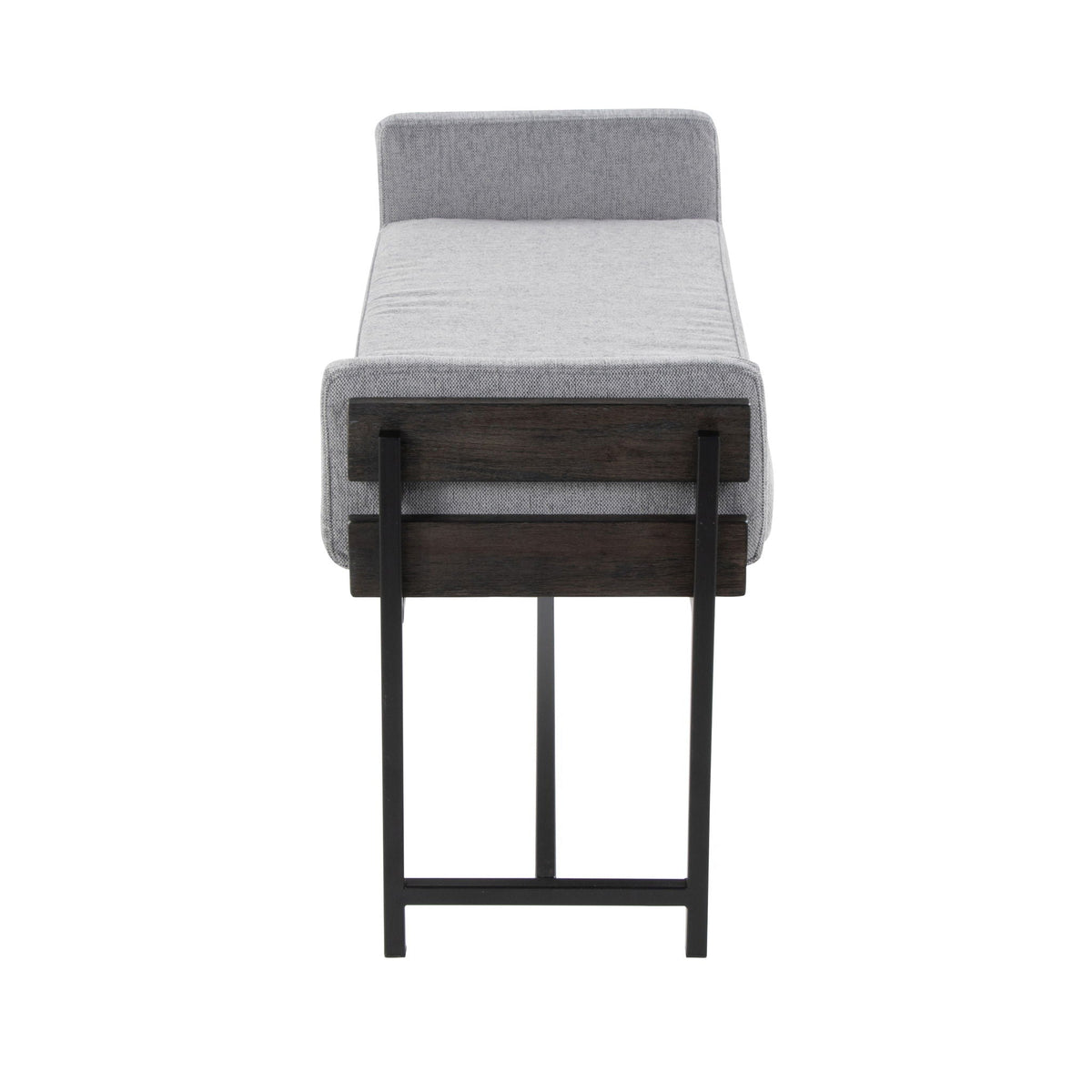 Farmhouse Luxe upholstered bench with wood panel accent, gray fabric, HouseOfZazla on Tampa Home & Garden Store