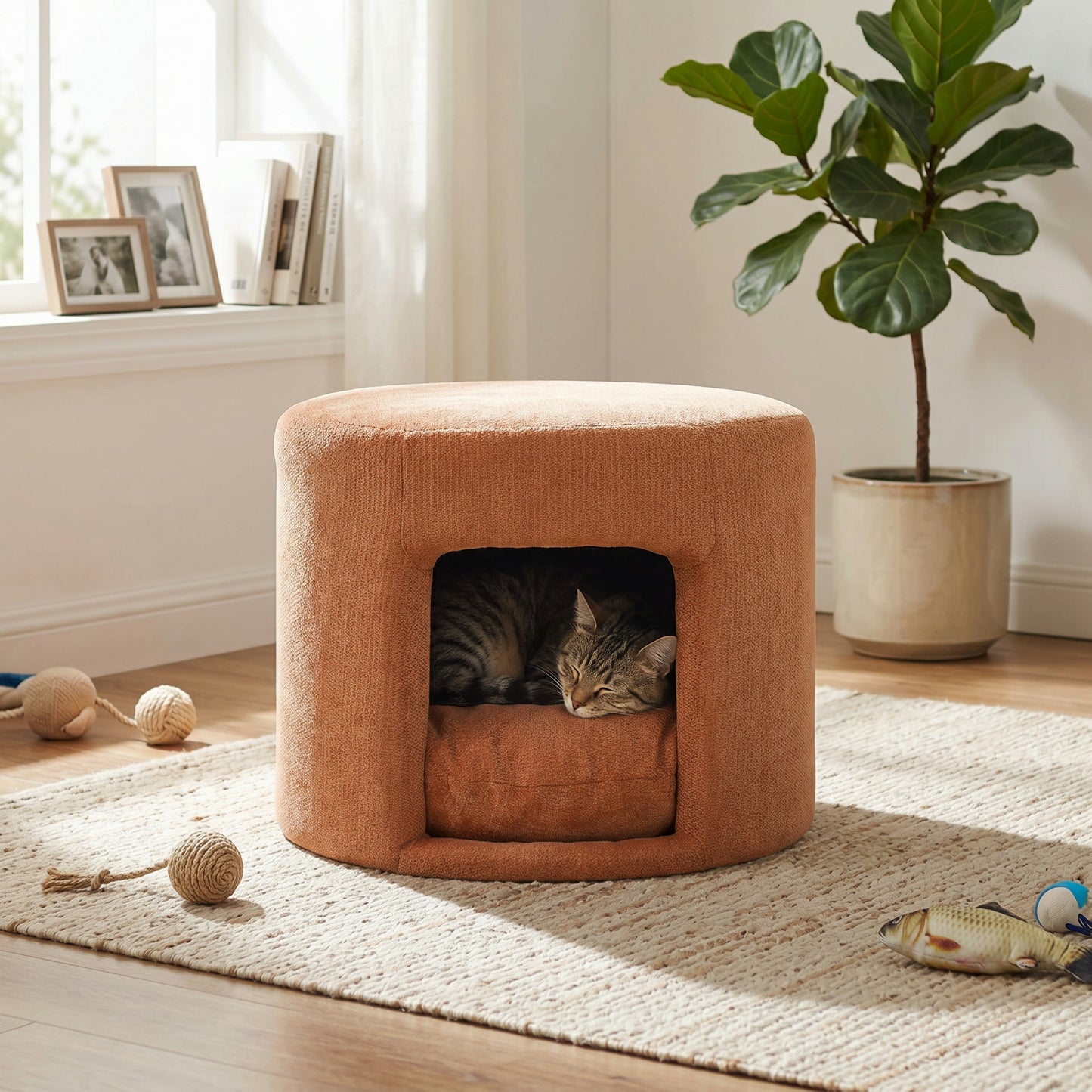 Orange pet-friendly ottoman with removable cushion and hidden cat nook HouseOfZazla on Tampa Home & Garden Store