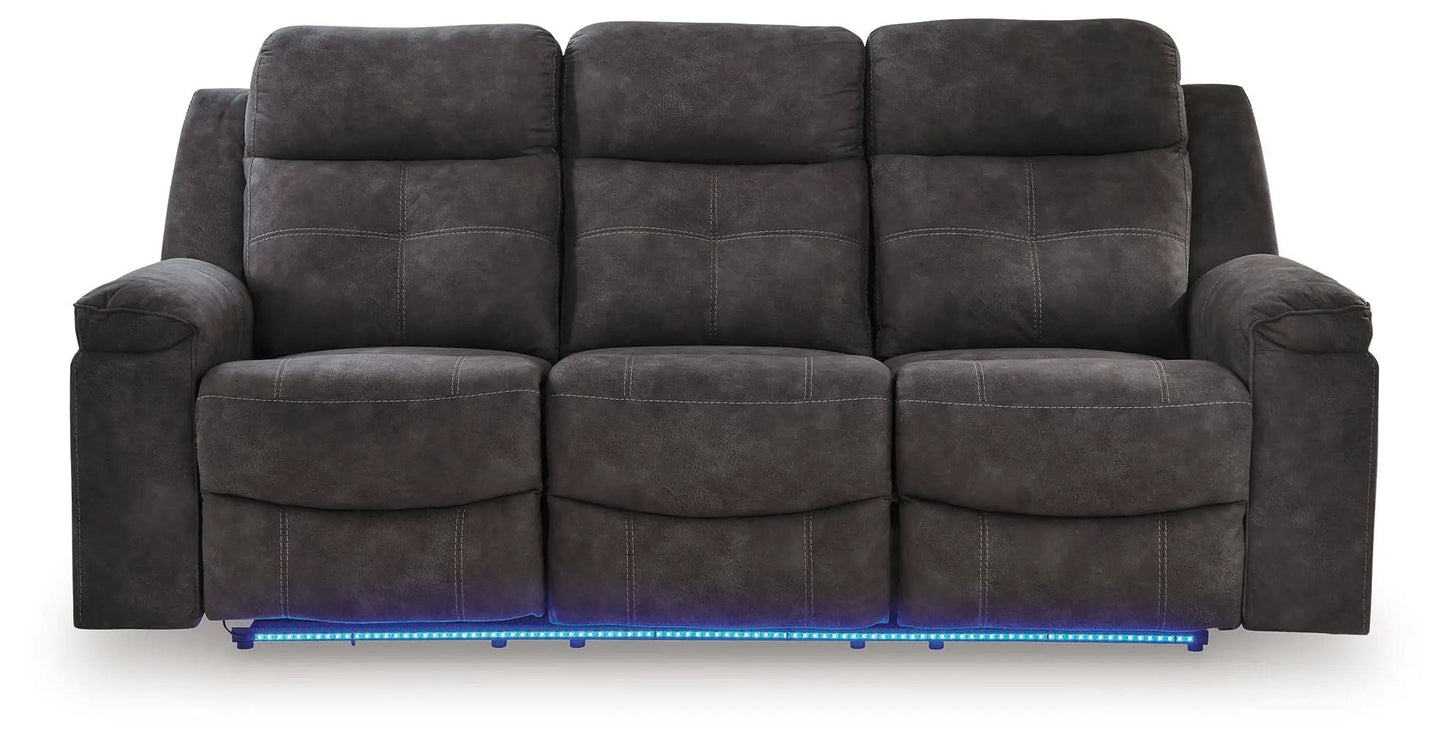 Brysonview reclining sofa charcoal with gray stitching and blue LED lighting on Tampa Home & Garden Store