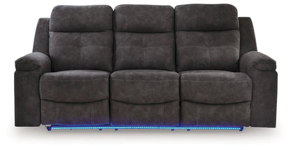 Brysonview reclining sofa charcoal with gray stitching and blue LED lighting on Tampa Home & Garden Store