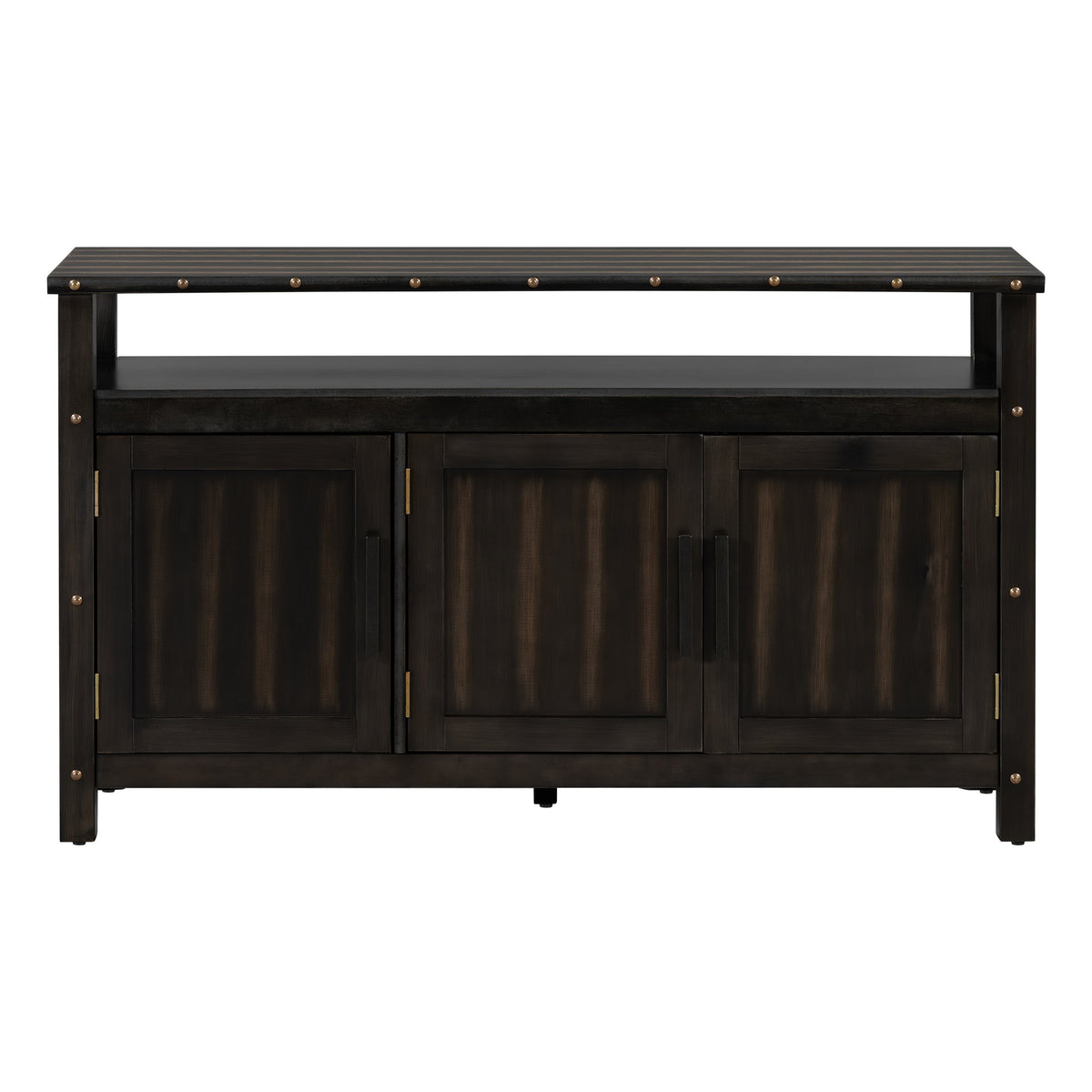 Three Door Pine Wood Buffet Cabinet with storage dark finish and brass stud accents on Tampa Home & Garden Store