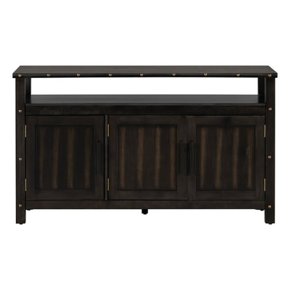 Three Door Pine Wood Buffet Cabinet with storage dark finish and brass stud accents on Tampa Home & Garden Store
