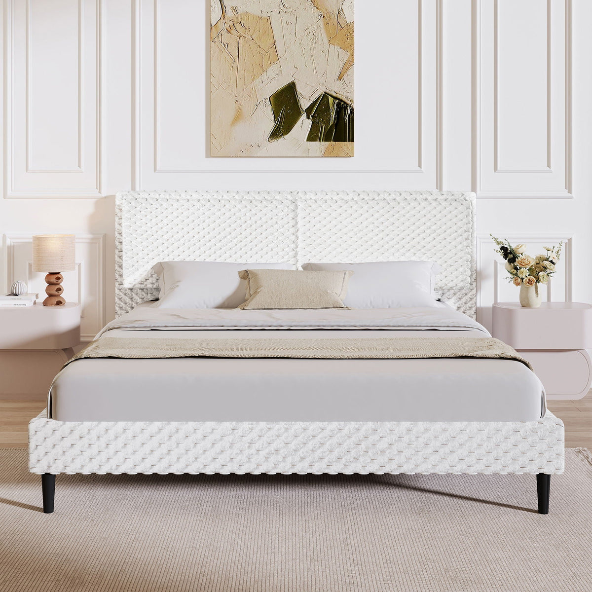 Soft Bed Comfortable Backrest For Bedroom upholstered bed in cream tufted fabric on Tampa Home & Garden Store