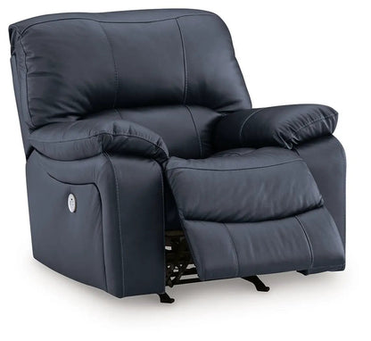 Leesworth Rocker Recliner by Unique Piece Furniture, dark blue leatherlike upholstery, arms on Tampa Home & Garden Store