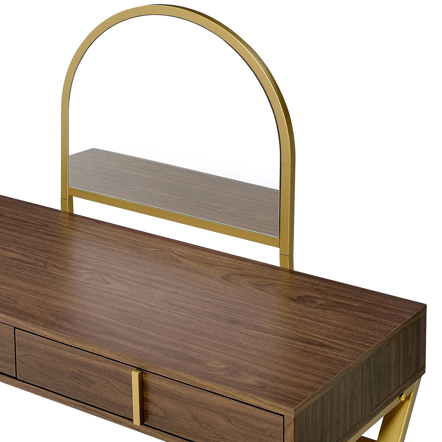 Coleen walnut vanity desk with gold arch mirror and drawer storage by HouseOfZazla on Tampa Home & Garden Store