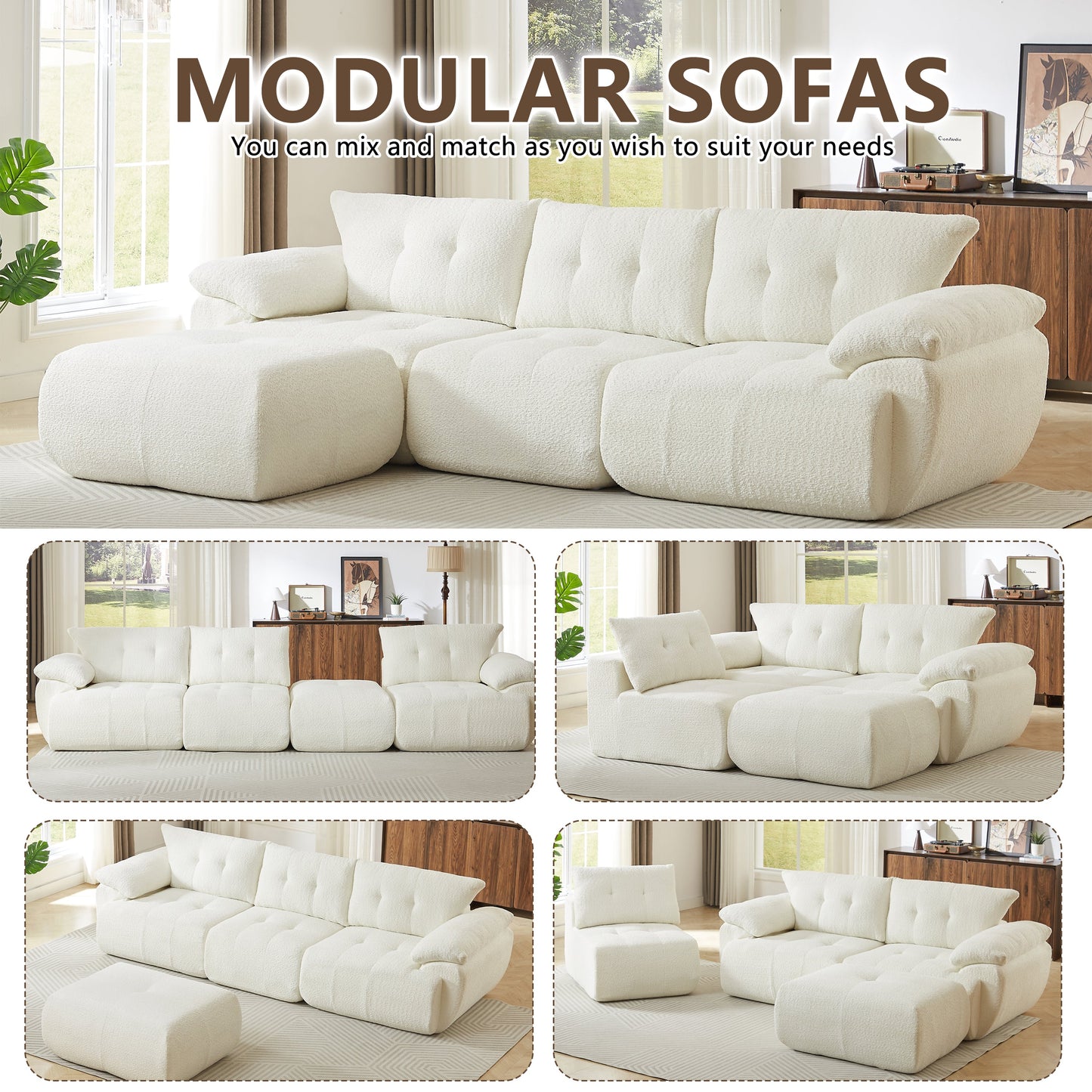 115'' Large Modern 3-Seater Sofa by HouseOfZazla in cream boucle fabric with modular sections on Tampa Home & Garden Store