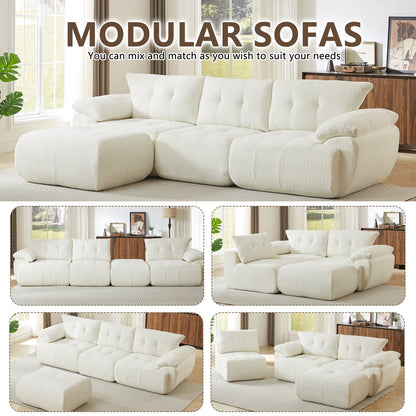 115'' Large Modern 3-Seater Sofa by HouseOfZazla in cream boucle fabric with modular sections on Tampa Home & Garden Store