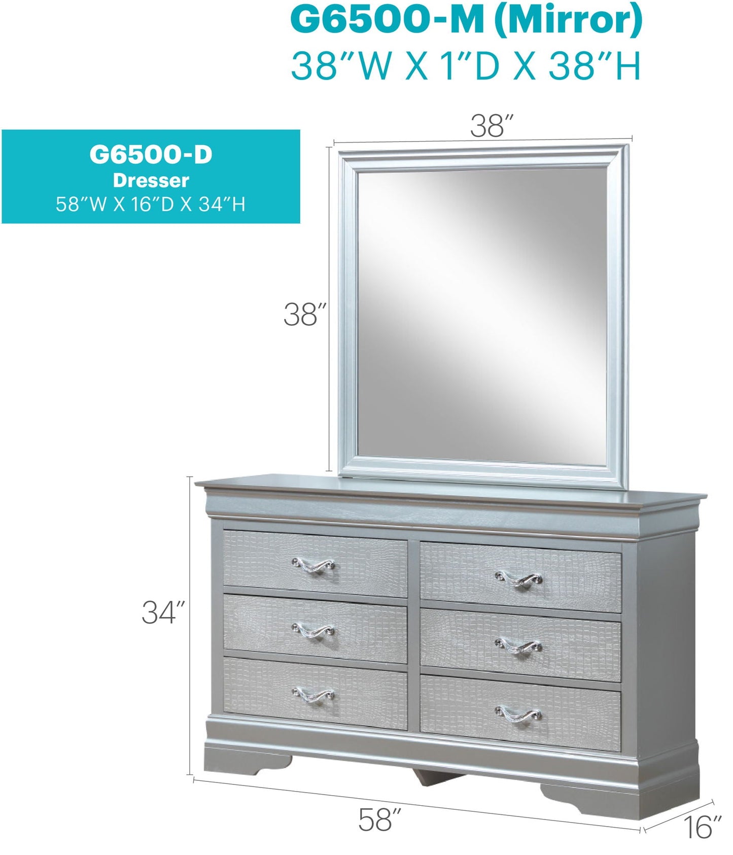 Lorana dresser with mirror in silver finish, six textured-front drawers with pulls on Tampa Home & Garden Store