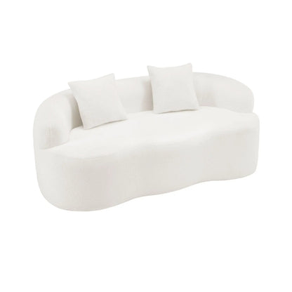 Curved loveseat sofa in white boucle fabric with round armrest and two cushions on Tampa Home & Garden Store